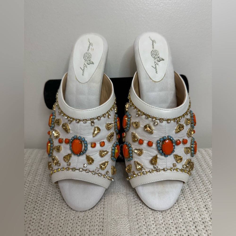 Joan Boyce Embellished White Slide Sandals Orange & Turquoise Accents size 8.5